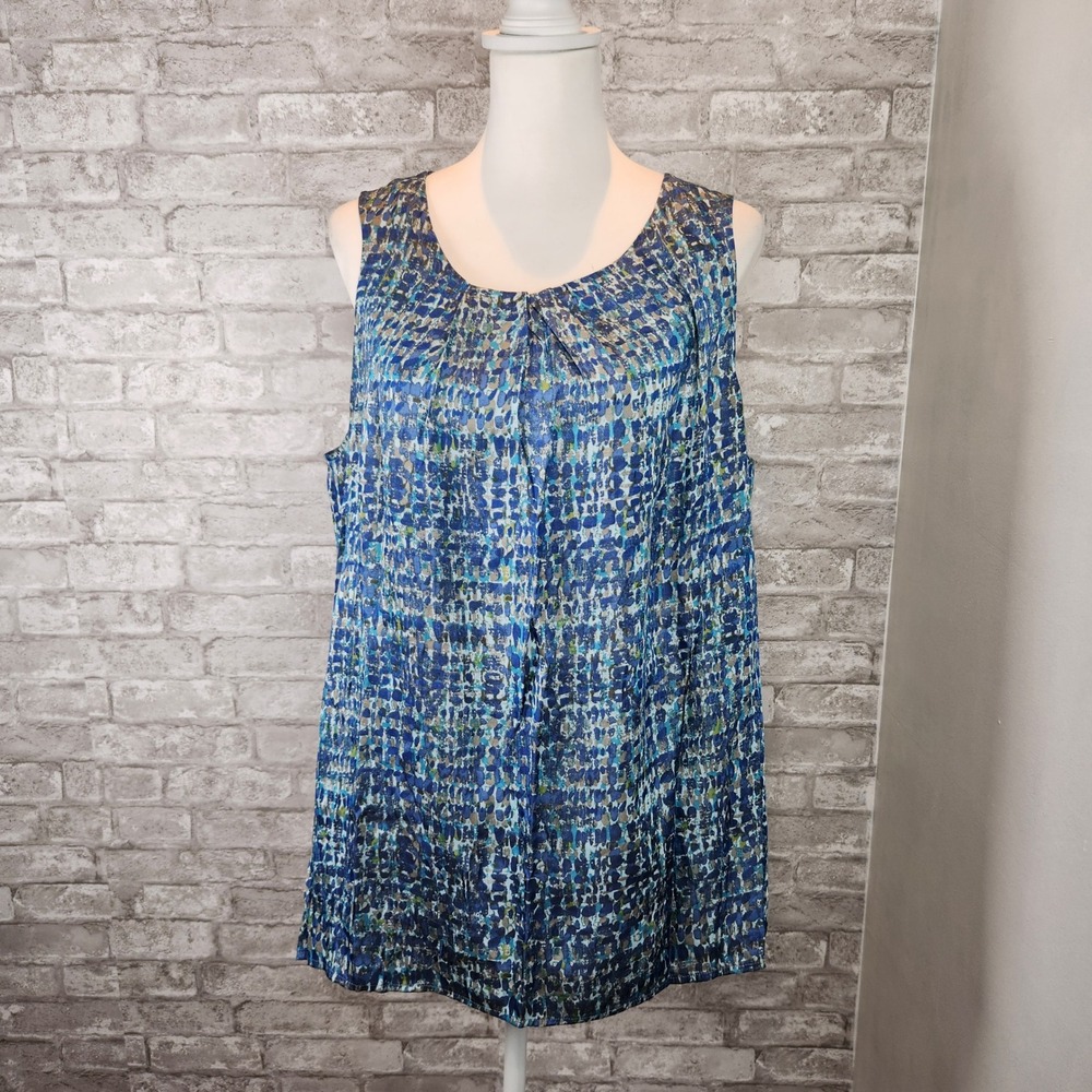 J. Jill Sleeveless Top Blue Green Abstract Pleated Scoop Neck‎ XL